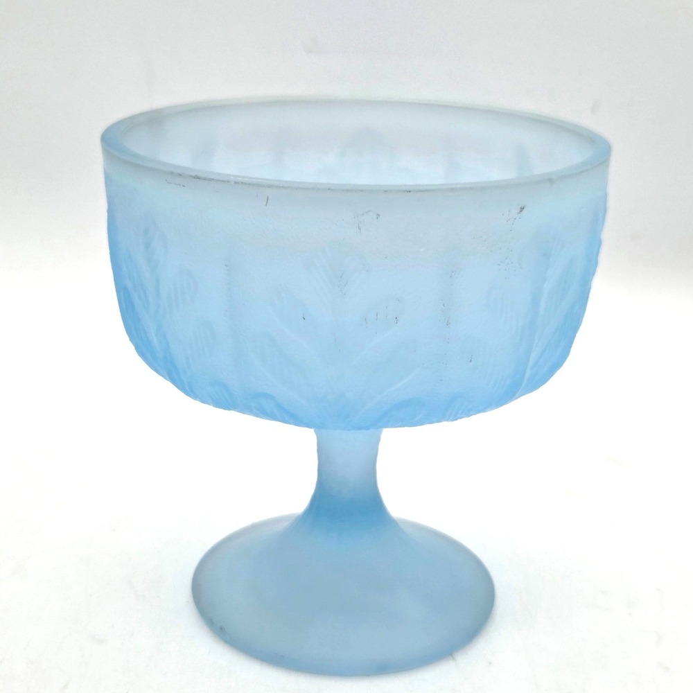 Vintage FTD Blue Satin Frosted Glass Pedestal Bowl Compote Oak Leaf Pattern